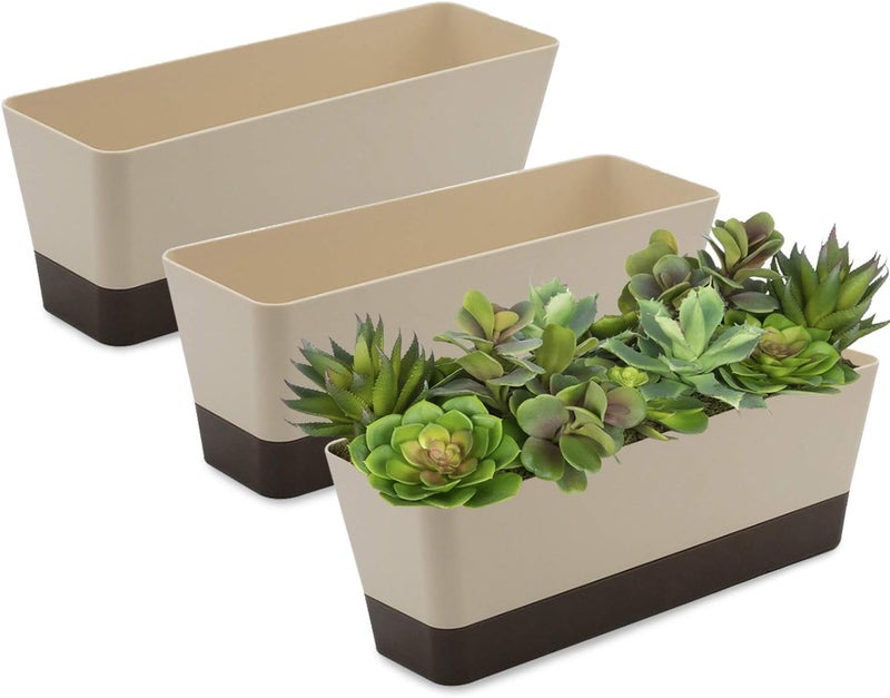 Lainrrew 3 Pack Window Box Planters, 12 Inches Rectangular Planter Plastic Flower Box Plant Pots Plant Containers with Tray for Balcony, Windowsill, Garden, Home Office Outdoor Decoration (Coffee) - Image 1